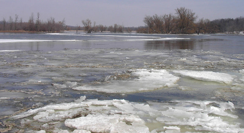 high water in a creek with ice floating