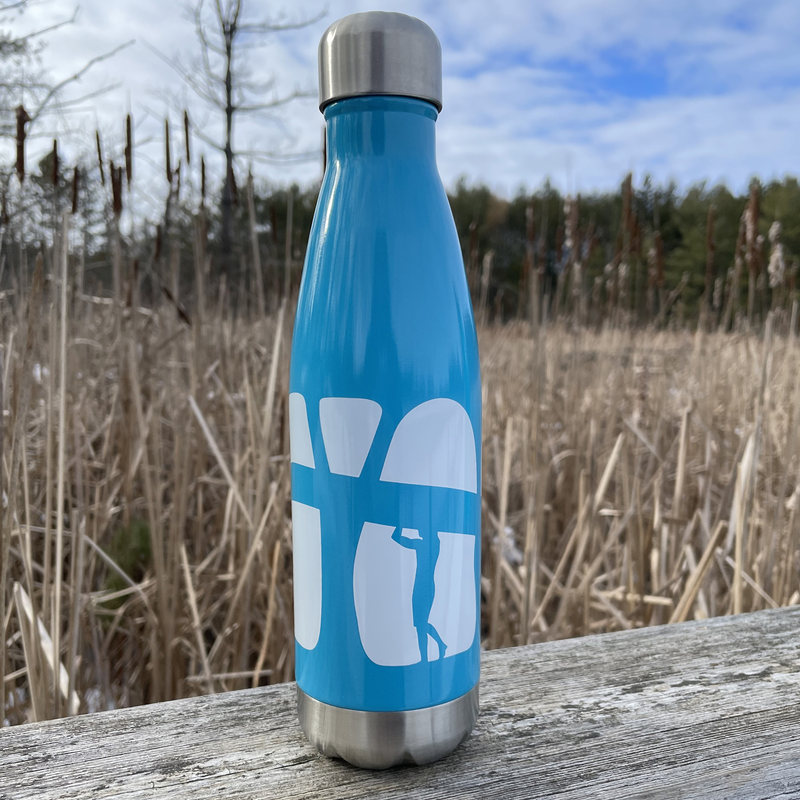 blue water bottle with a canoe logo