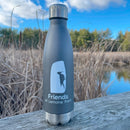 grey water bottle with the Friends of Lemoine logo