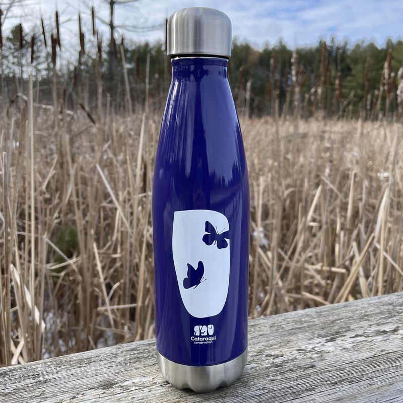 purple water bottle with a butterfly logo