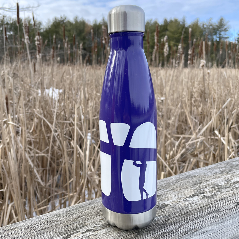 purple water bottle with a canoe logo