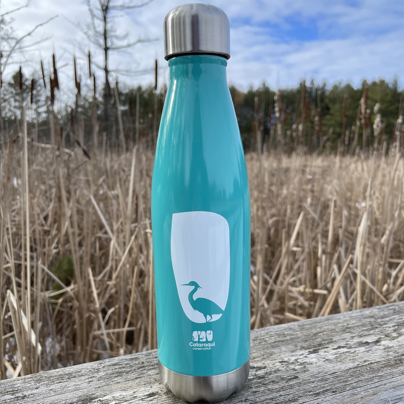 teal water bottle with a heron logo