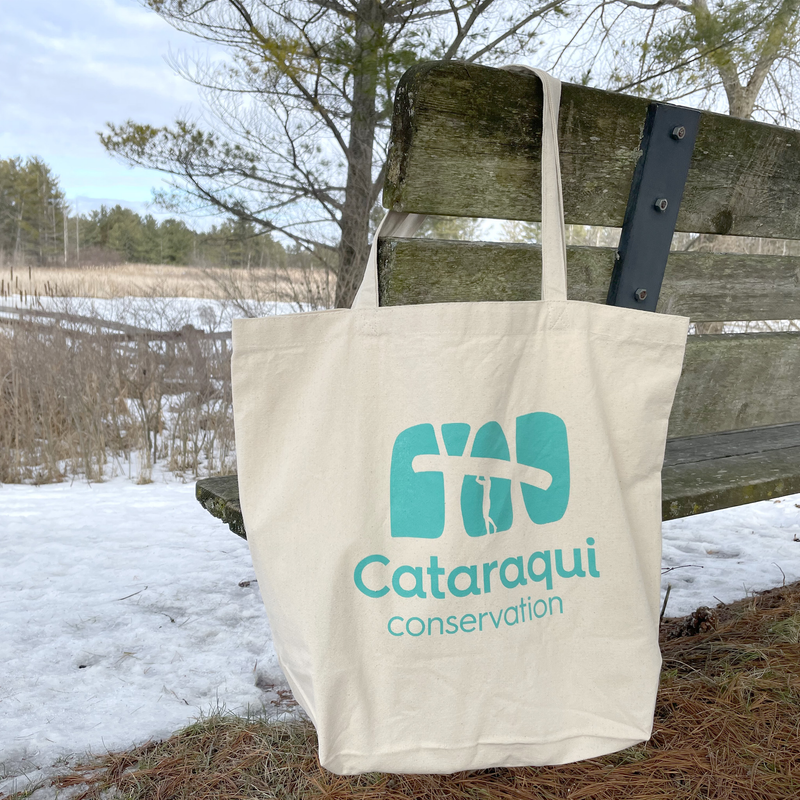 tote bag with blue cataraqui conservation canoe logo