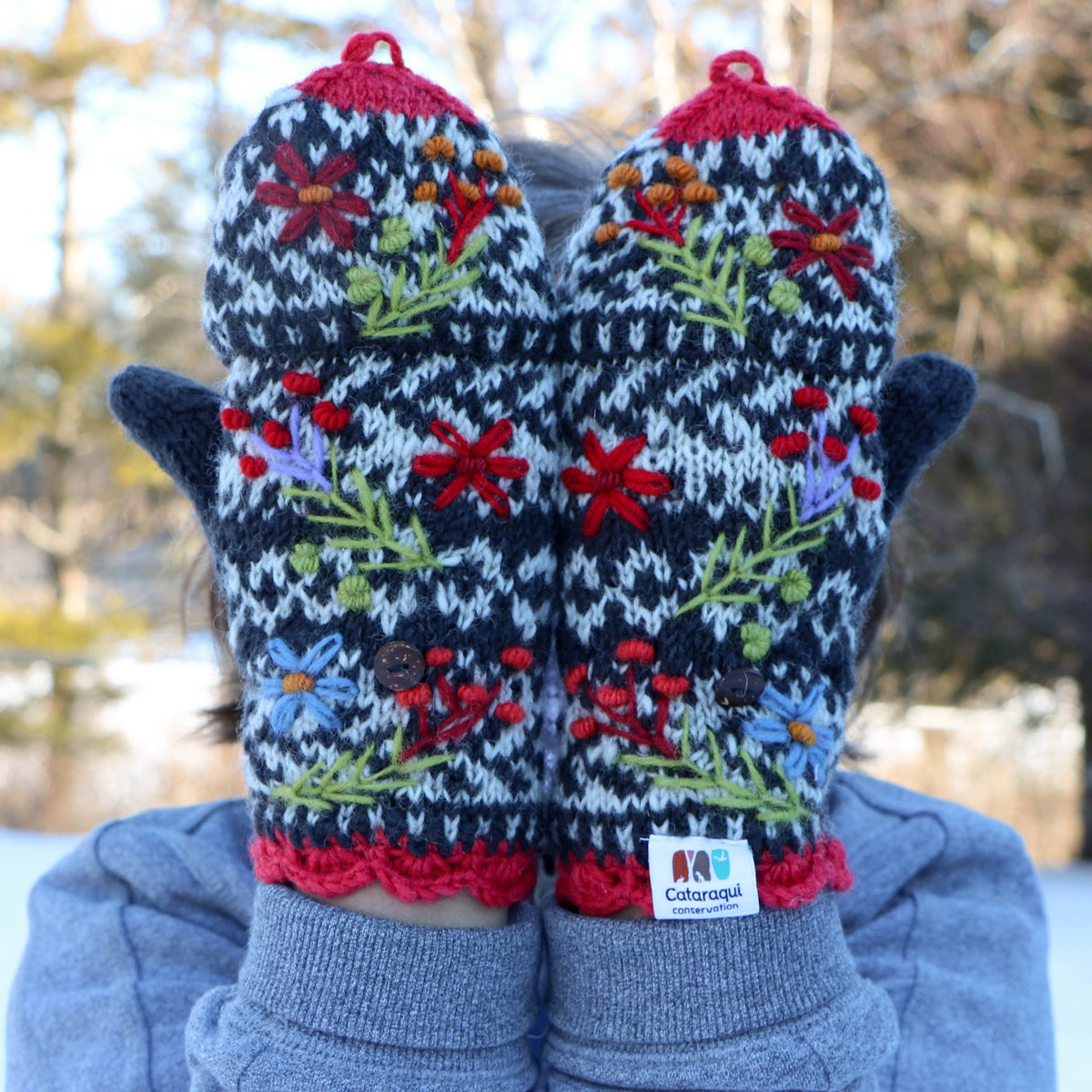 Sweater Mittens from Maine - Blue & Grey Mix w/ Grey 2024 Polar Fleece Lining - Super Thick - Medium - 100% Lambs Wool